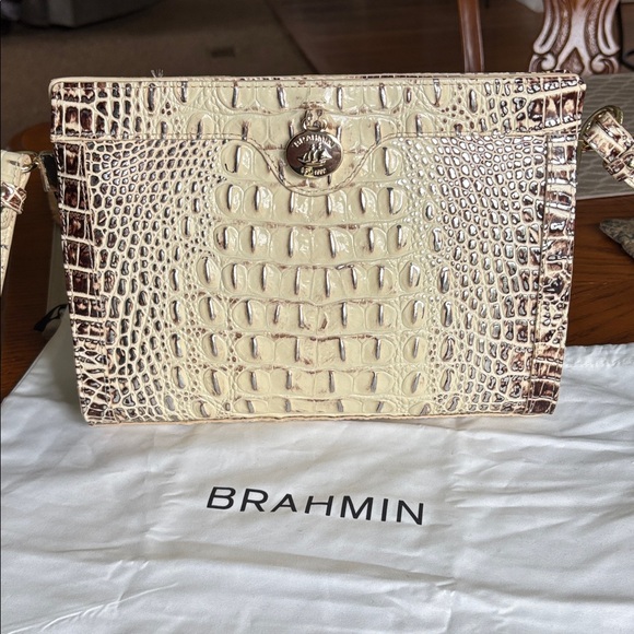 Brahmin Croc-Embossed Cream and Brown Handbag